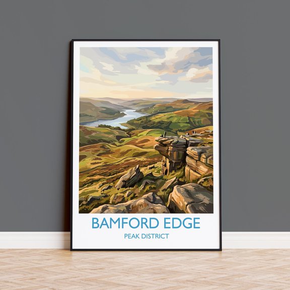 Bamford Edge Travel Poster Peak District Wall Art Derbyshire Landscape Print Hope Valley View Illustration Vintage Style Uk Nature Decor