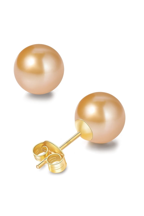 14K Solid Gold Plated AKOYA Pearl Stud Earrings – 8-8.5mm Saltwater Cultured Golden Pearls | Hypoallergenic Jewelry for Women