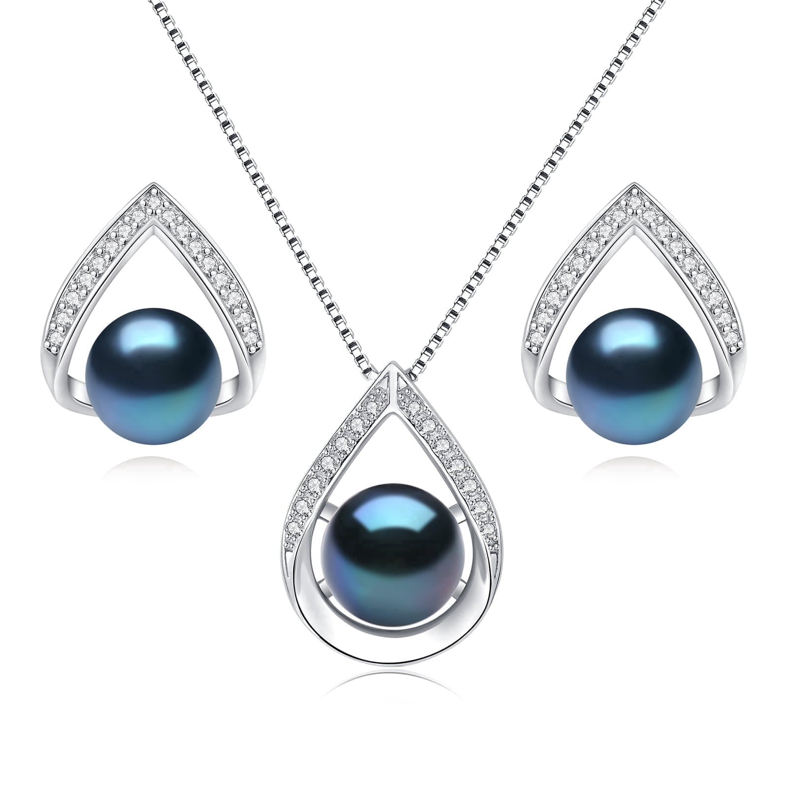 Bamiki Pearl Necklace and Earrings Set | 925 Sterling Silver Jewelry Set with 10mm Pendant & 6.5-7.5mm Pearls | 18” + 2” Chain Valentine's Day  Gift