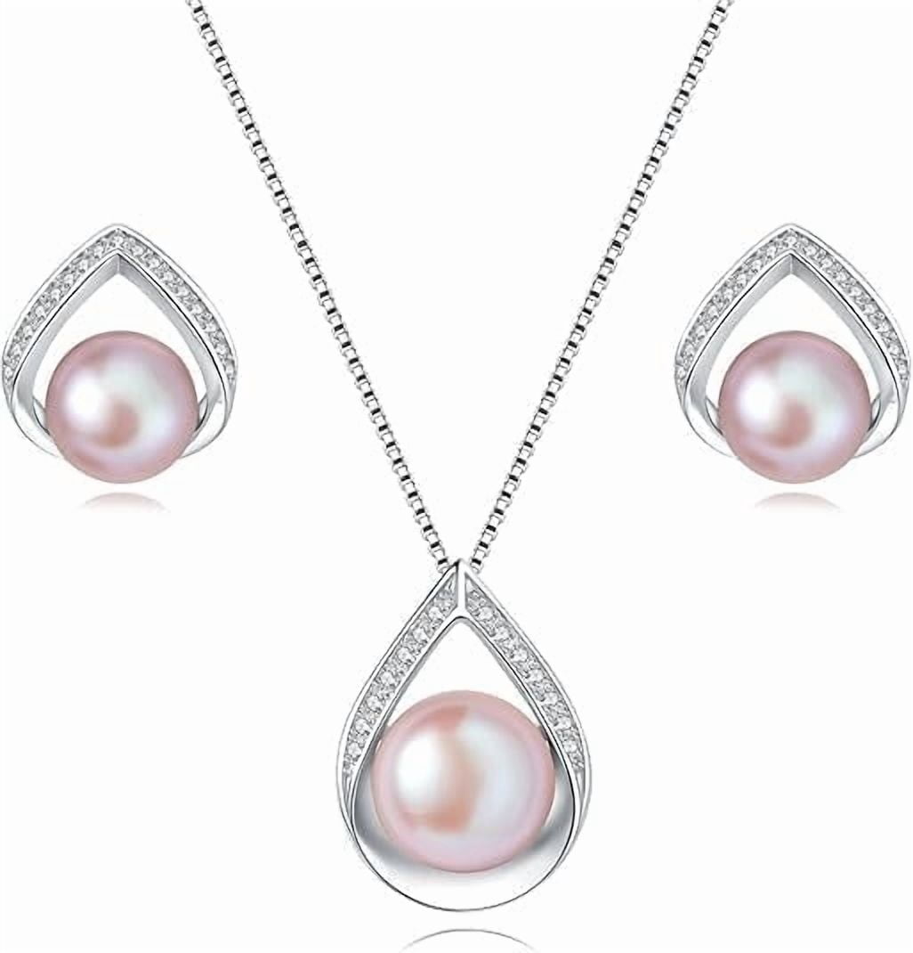 Bamiki Pink Pearl Necklace and Earrings Set | 925 Sterling Silver Jewelry Set with Pearl Pendant and Stud Valentine's Day Gift
