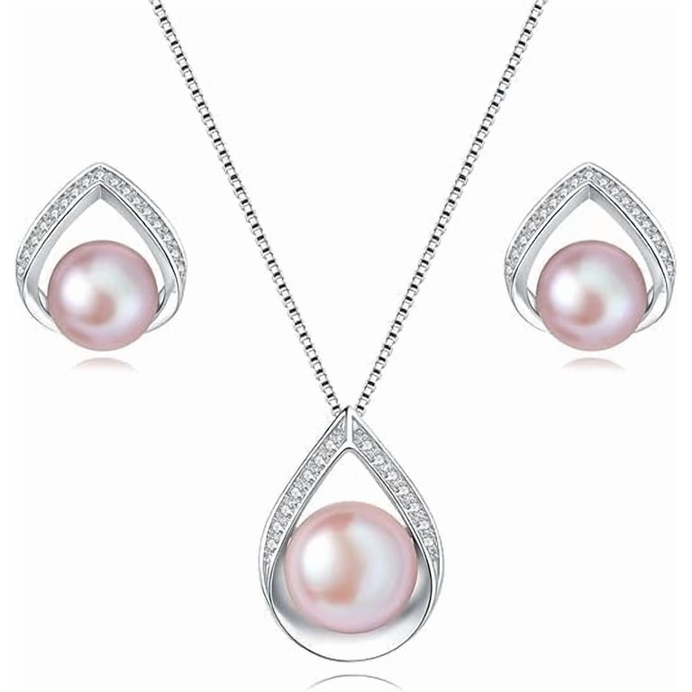Bamiki Pink Pearl Necklace and Earrings Set | 925 Sterling Silver 