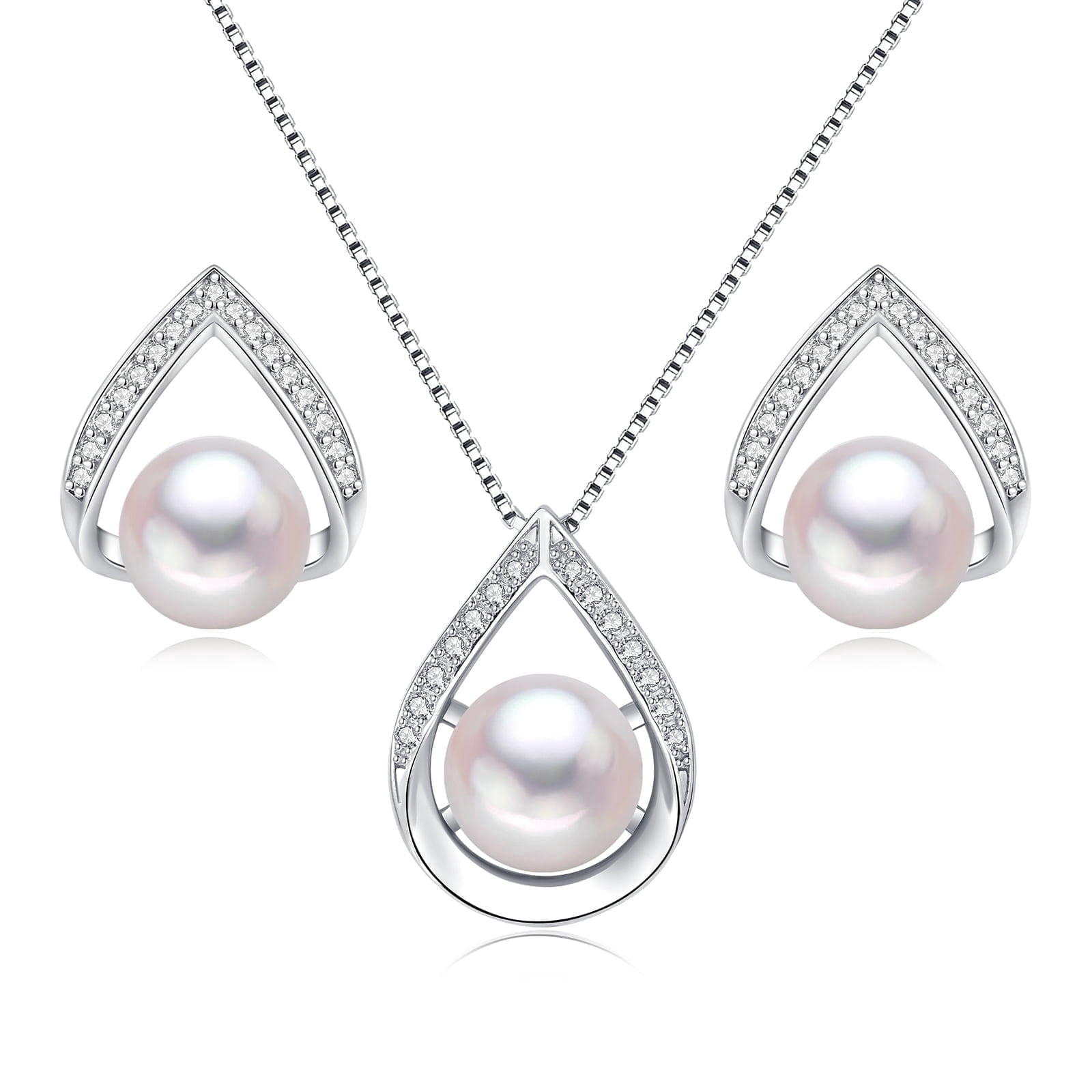 Bamiki White Pearl Necklace and Earrings Set | 925 Sterling Silver Jewelry Set with Pendant and earrings Valentine's Day Gift