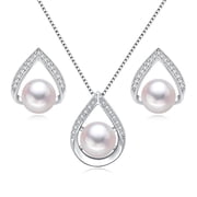 Bamiki White Pearl Necklace and Earrings Set | 925 Sterling Silver Jewelry Set with Pendant and earrings Valentines Day Gift