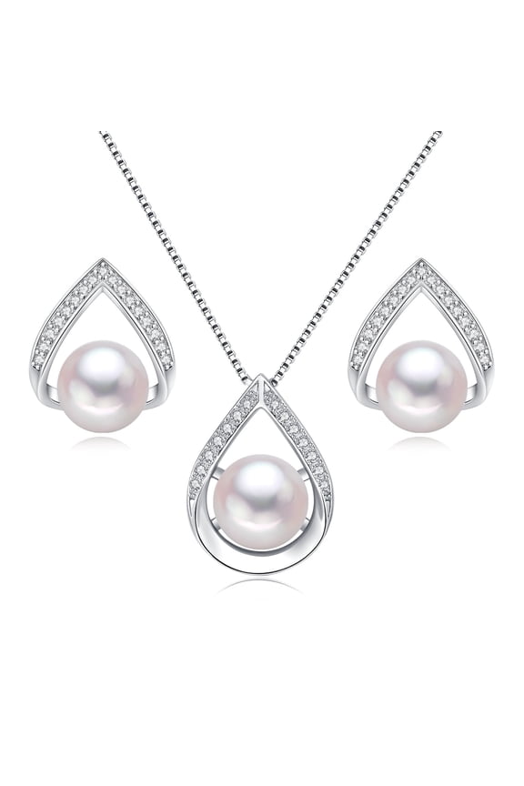White Pearl Necklace and Earrings Set | 925 Sterling Silver Jewelry Set with Pendant and earrings Valentine's Day Gift