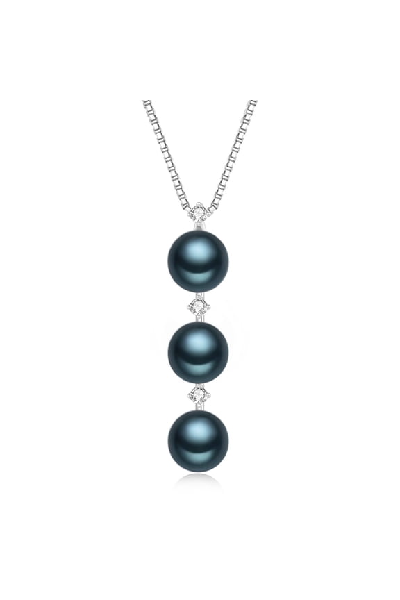 Three Black Pearl Necklace Pendant in 925 Sterling Silver with Saltwater Cultured Pearls 18+2inch Adjustable Chain Elegant Jewelry Gift for Women