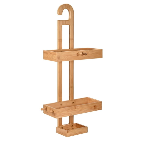 Bamodi Hanging Bamboo 2 Tier Shower Caddy - 26''x11''x5'' Shower Shelf with Hanging Hook - Durable Shower Organizer with Razor Attachment - Stylish Bathroom Storage and New Apartment Essentials