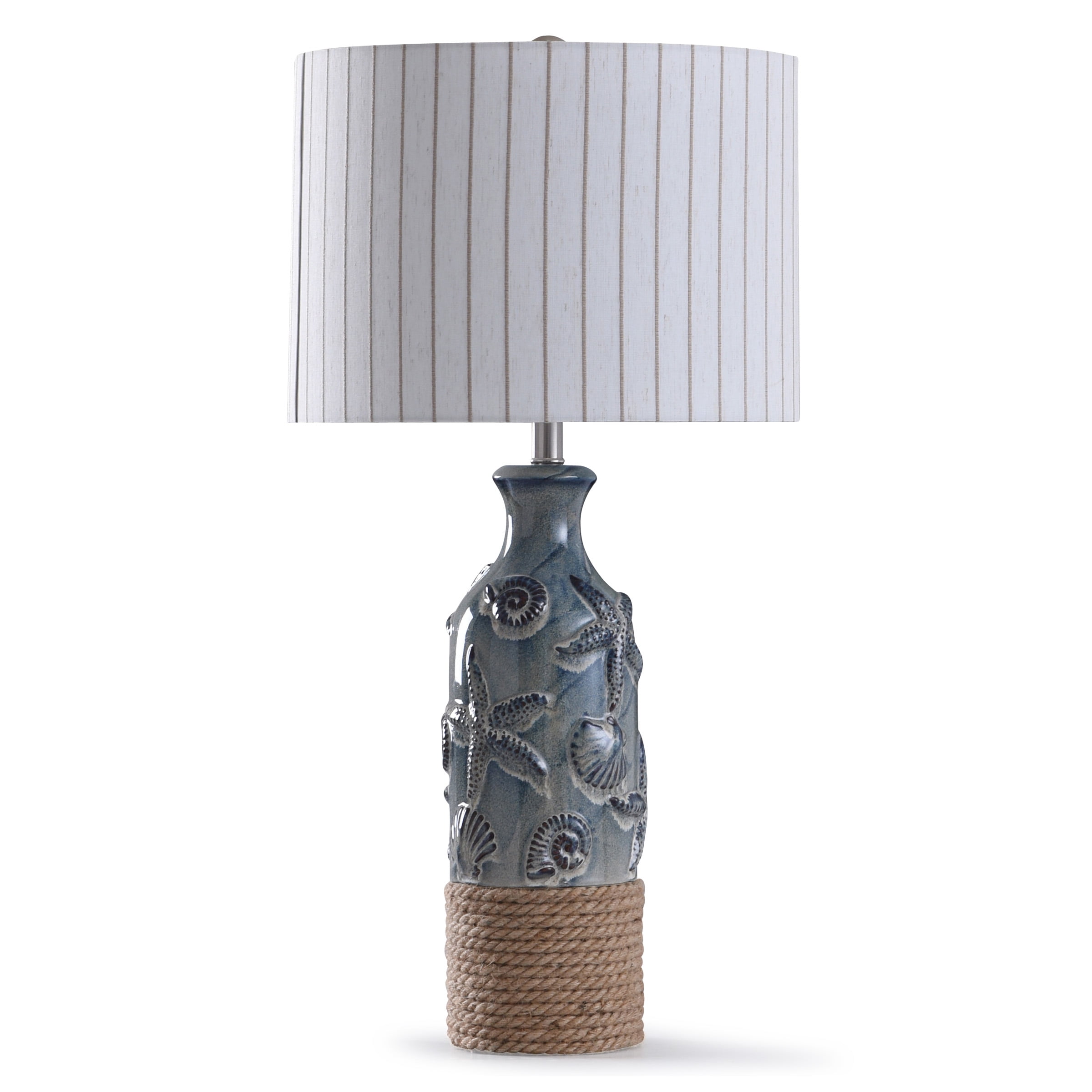 Bampton Blue Ceramic Coastal Table Lamp with Rope and Striped Shade