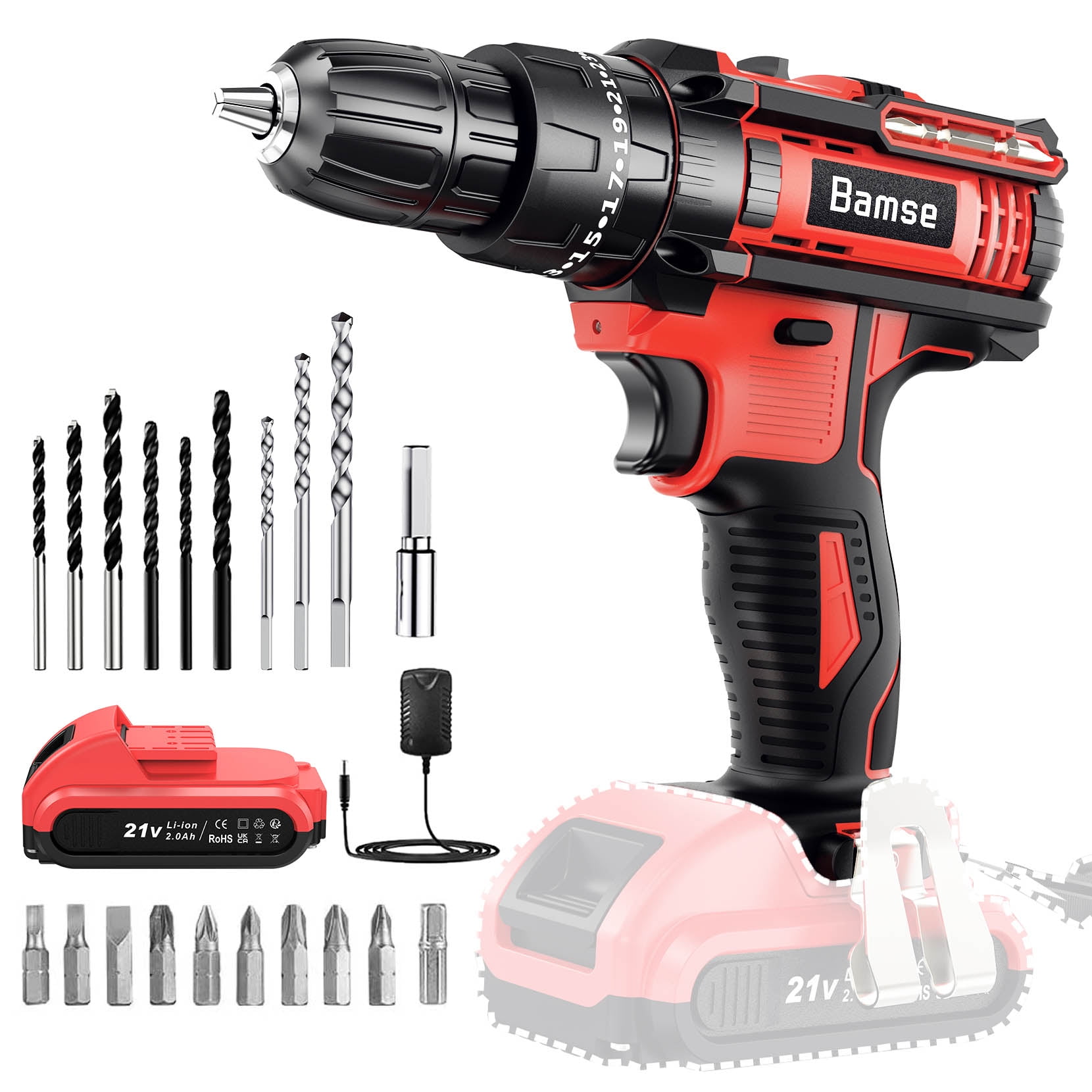 Bamse Cordless Drill Set 21V 3/8" Chuck Electric Drill Driver with 2