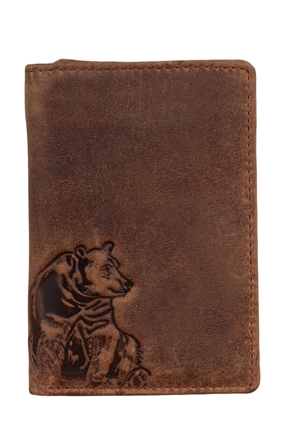 Bear Trifold Wallet for Men - Full Grain Cowhide Leather, RFID Blocking, Handmade Vintage Mens Leather Wallet, Gift for Dad, Husband, Outdoorsmen Y101
