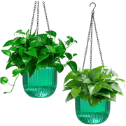 Bamworld 2 Pack Self Watering Hanging Planters Indoor Flower Pots, 6.5 Inch Outdoor Hanging Basket, Plant Hanger with 3Hooks Drainage Holes for Garden Home (Emerald)