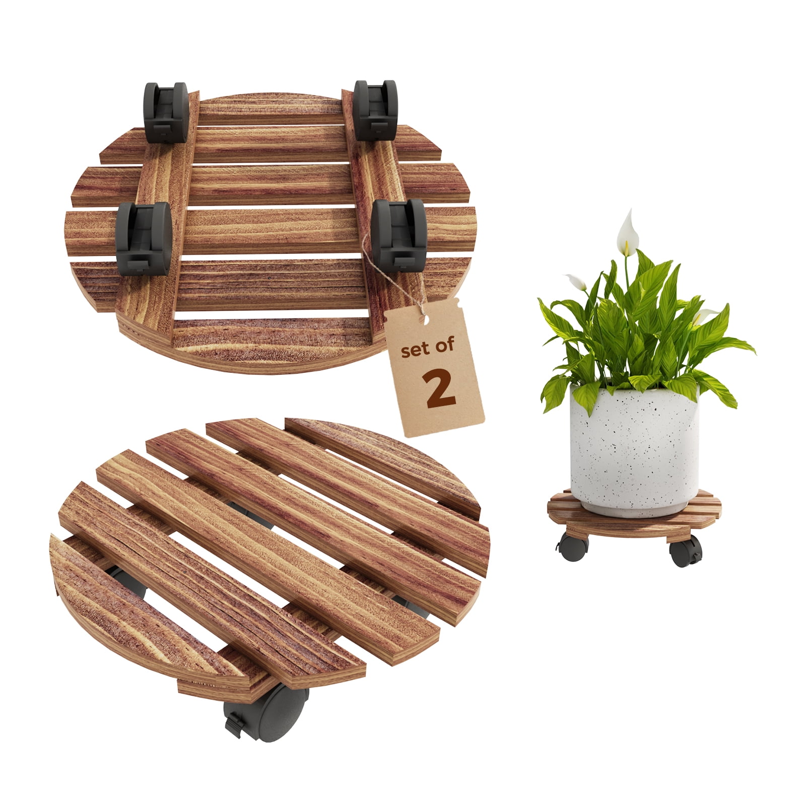 Bamworld Plant Caddy with Wheels 2 Pack Plant Stand 12in Rolling Planter Caddy with Swiveling and Lockable Caster for Indoor Outdoor Patio Plant Dolly Wood Wheeled Mobile Roller