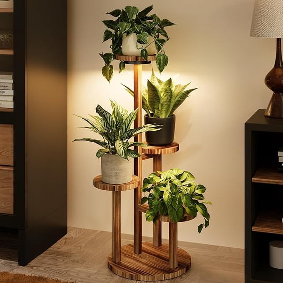 Bamworld 4 Tier Wood Plant Stand Indoor with light,Corner Plant Shelf for Multiple Potted Plants,Tall Flower Stand for Living Room Bedroom Patio Garden Balcony