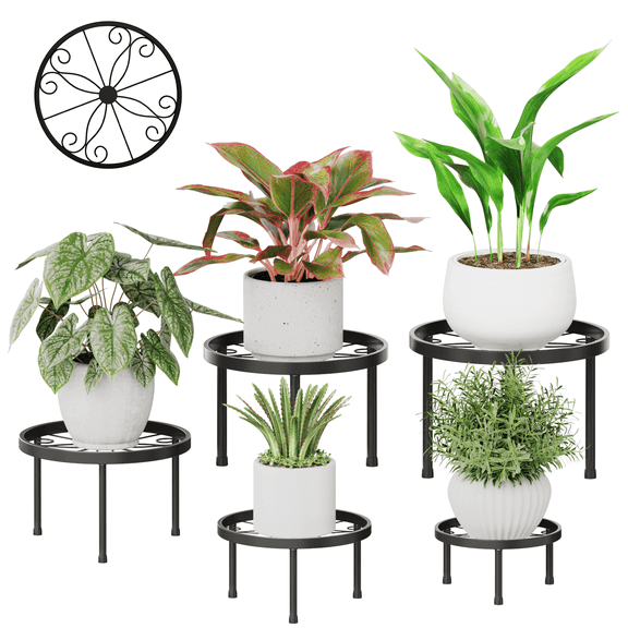 Bamworld 5-Pack Black Metal Plant Stand for Indoor Outdoor，Planter Outdoor Plant Rack for Patio & Garden Decor-Installation-free version