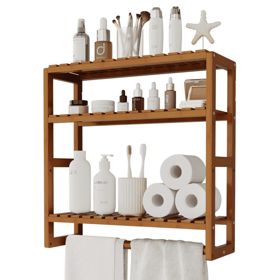 Bamworld Bamboo Bathroom Shelves Organizer Towel Rack for Storage Brown Adjustable 3 Tiers Floating Shelf over the Toilet Storage with Hanging Rod XXL