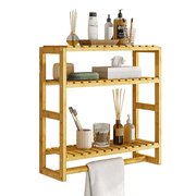 Bamworld Bamboo Bathroom Shelves Organizer Towel Rack for Storage Natural Adjustable 3 Tiers Floating Shelf over the Toilet Storage with Hanging Rod XL