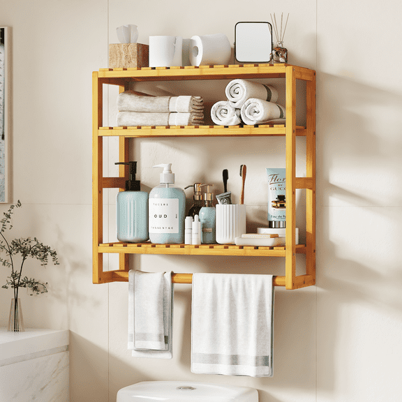 Bamworld Bamboo Bathroom Shelves Organizer Towel Rack for Storage Natural Adjustable 3 Tiers Floating Shelf over the Toilet Storage with Hanging Rod XXL