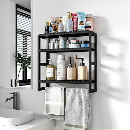 Bamworld Bamboo Bathroom Shelves Organizer Towel Rack for Storage Black Adjustable 3 Tiers Floating Shelf over the Toilet Storage with Hanging Rod