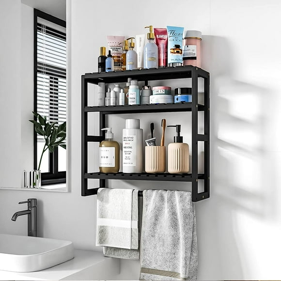Bamworld Bamboo Bathroom Shelves Organizer Towel Rack for Storage Black Adjustable 3 Tiers Floating Shelf over the Toilet Storage with Hanging Rod