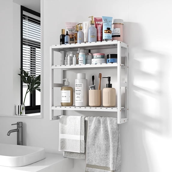 Bamworld Bathroom Shelves Bathroom Organizer Adjustable 3 Tiers Bamboo Floating Shelf over the Toilet Storage with Hanging Rod (White)