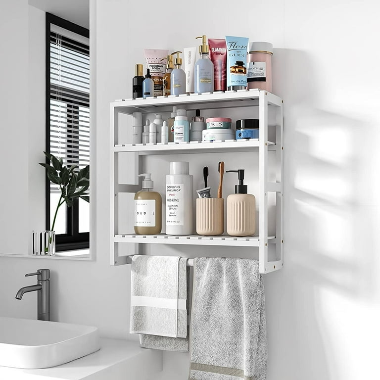 Bamworld Bathroom Shelves Bathroom Organizer Adjustable 3 Tiers Bamboo Floating Shelf over the Toilet Storage with Hanging Rod White
