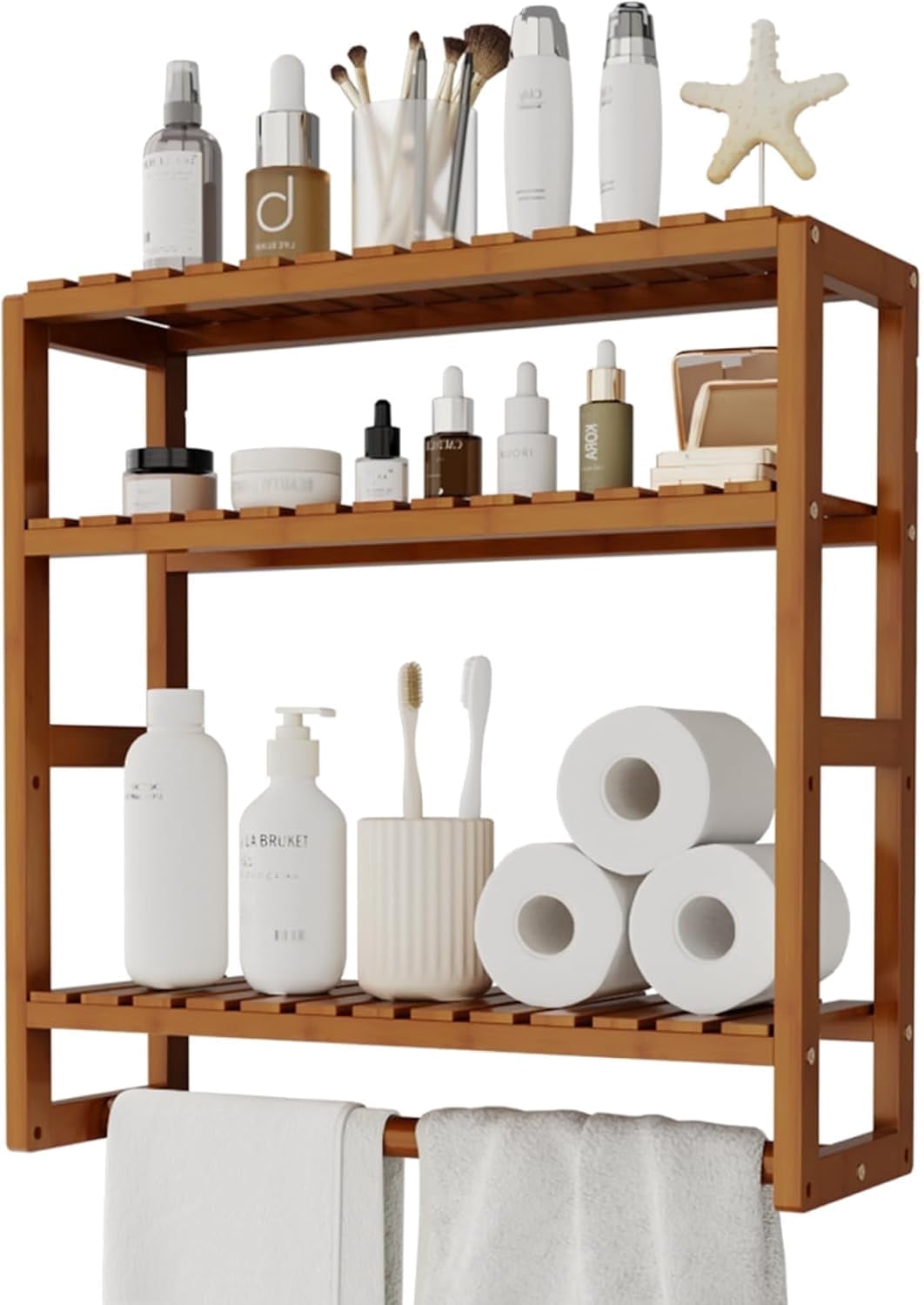 Bamworld Bathroom Shelves Bathroom Storage over The Toilet Storage Bathroom Storage Shelves Organizer Adjustable 3 Tiers Floating Shelves for Wall Mounted with Hanging Rod (Brown)