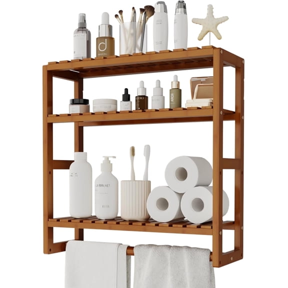 Bamworld Bathroom Shelves Bathroom Storage over The Toilet Storage Bathroom Storage Shelves Organizer Adjustable 3 Tiers Floating Shelves for Wall Mounted with Hanging Rod (Brown)