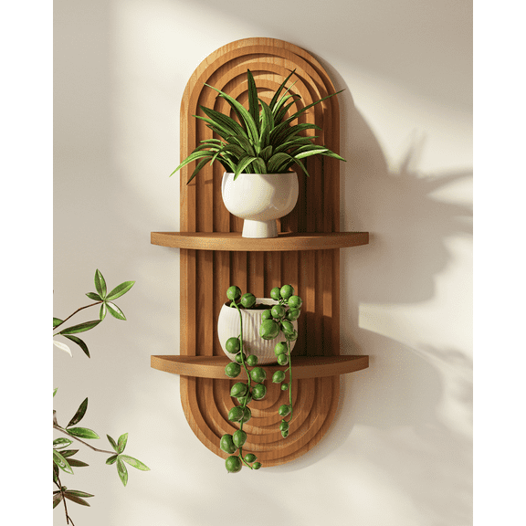 Bamworld Brown Plant Wall Shelf, Mid Century Modern Decor Hanging Plant stand, 2-Tier Wooden Floating Shelves for Home, Bathroom Bedroom Living Room