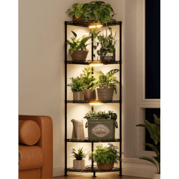 Bamworld Corner Plant Shelf 5-Tier Plant Stand Indoor with grow light Metal Plant Rack Tall Shelves Garden Decor for Living Room Balcony