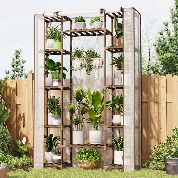 Bamworld Greenhouse Indoor Outdoor Tall Green House for Multiple Plants 10 Tiers 11 Pot Large Plants Holder Rack Wood Warm Houses for Room Corner Balcony Garden Patio