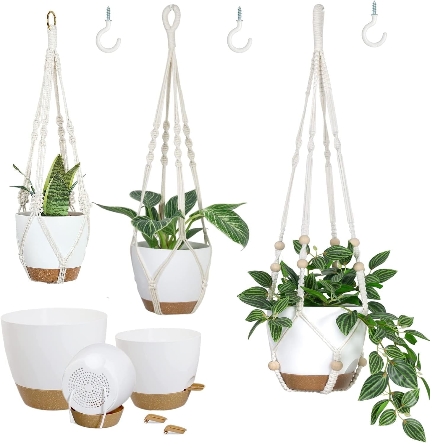 Bamworld Hanging Planters with Macrame Plant Hangers for Indoor Outdoor Plants 3 Set Self Watering Pots Hanging Baskets Flower Pot Holders 3 Different Size