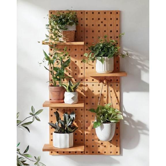 Bamworld Pegboard Plant Wall Organizer,4 Wooden Panels 4 Shelves 8 Pegs Modular Plant Display for Indoor Living Room,Brown