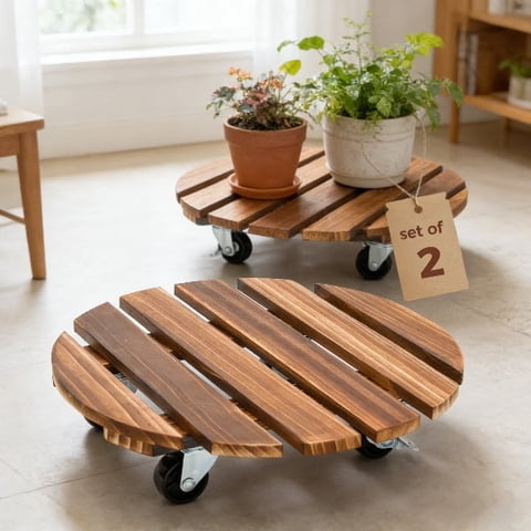 Bamworld Plant Caddy with Wheels 12 Inch, Wooden Rolling Plant Stand Set of 2 Lockable Casters for Indoor Outdoor Pots