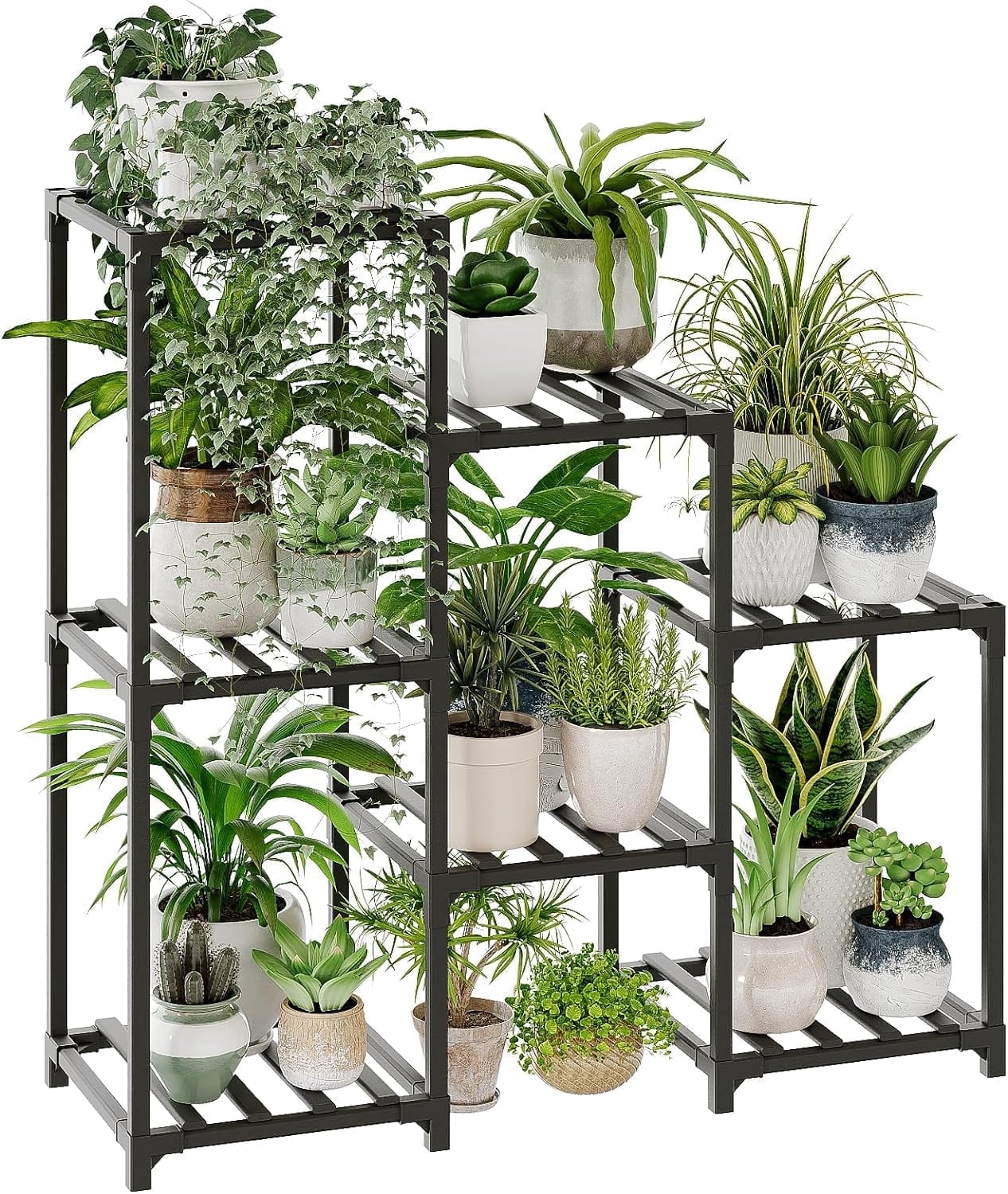 Bamworld Bamboo Plant Shelf, Corner Outdoor Tiered Stand, Black 3-Tier
