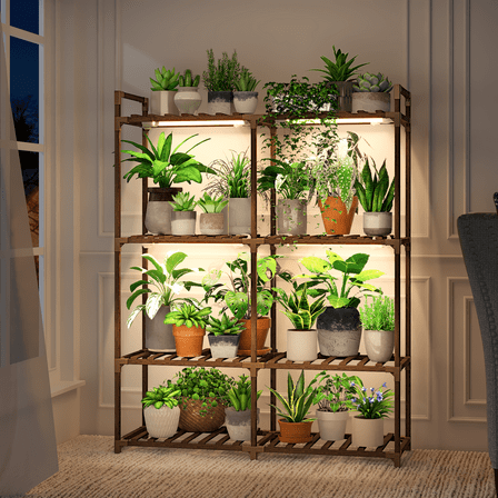 Bamworld Plant Stand with Grow Lights for Indoor Plants Wood Plant Shelf 4 Tier Large Flower Stand for Mutiple Plant Holder Rack for Patio Living Room Balcony