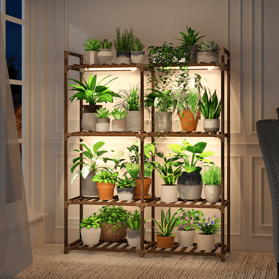 Bamworld Plant Stand with Grow Lights for Indoor Plants Wood Plant Shelf 4 Tier Large Flower Stand for Mutiple Plant Holder Rack for Patio Living Room Balcony