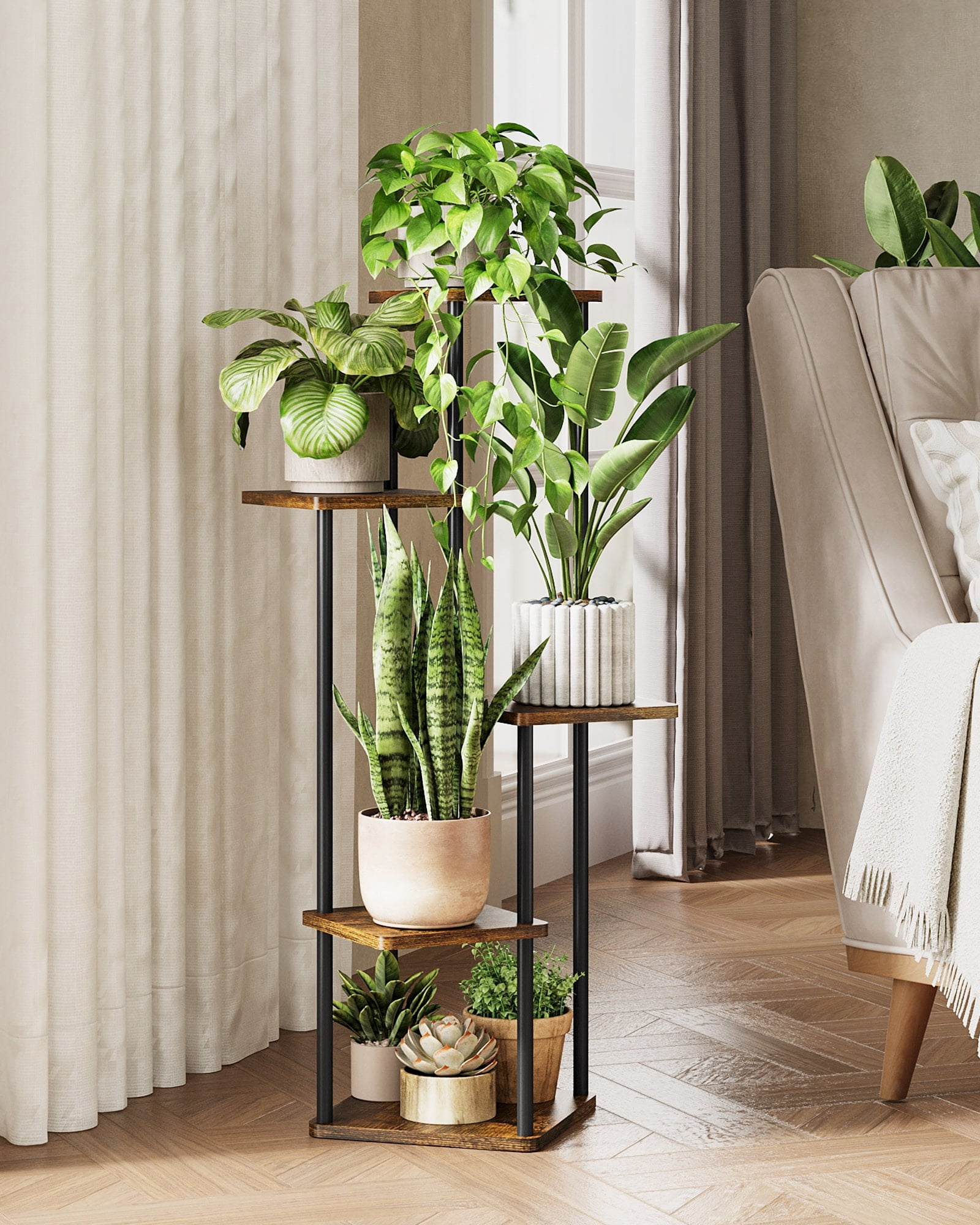 Bamworld Tall Plant Stand Indoor 5 Tier Metal Plant Shelf Brown Plant stand  for Multiple Plants Small Plants Pots Flower Stand Pot Holder for Patio  Garden Corner Balcony Living Room