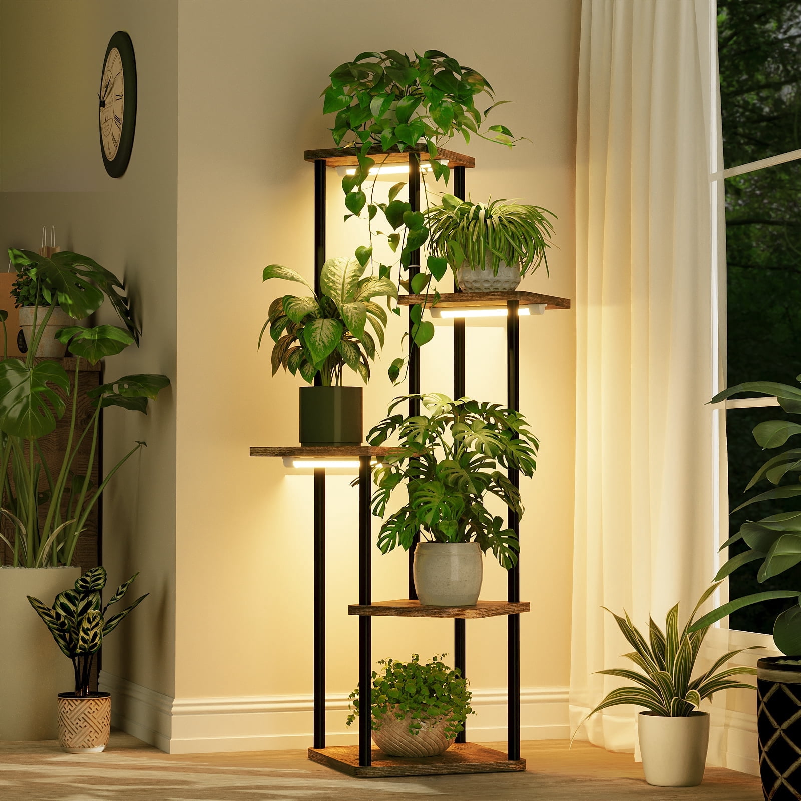 Bamworld Plant Stand Indoor, 5 Tier Metal Plant Shelf for Multiple Plants With plant lights,Corner Tall Flower Holders Flower Shelf for Patio Garden Balcony Living Room Bedroom(Brown)