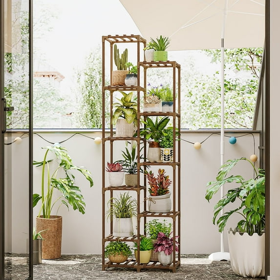 Bamworld Plant Stand Indoor 72'' Tall Plant Shelf Outdoor Large Wood Plant Rack Corner Flower Stand Tiered Plant Holder for Multiple Plants Pots for Patio Porch Balcony Garden