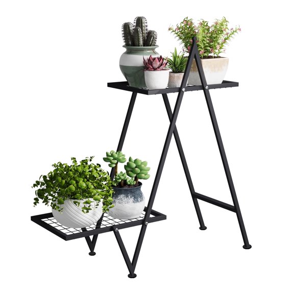 Bamworld Plant Stand Indoor Outdoor, 2 Tier Metal Corner Flower Stand Black Plant Holder for Living Room Balcony Patio Garden