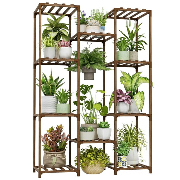 Bamworld Plant Stand Indoor Outdoor Hanging Plant Shelf ,Wood Flower Stand Tall Large Flower Holder for Living Room, Patio, Balcony, Brown