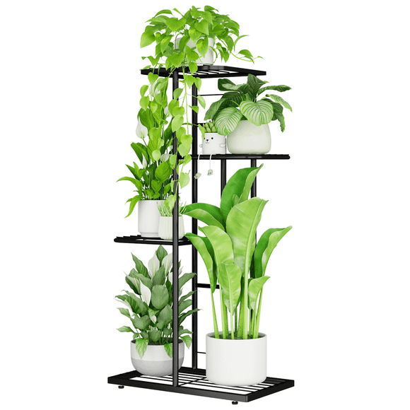 Bamworld Plant Stand Indoor Outdoor Metal 4 Tier 5 Potted Multiple Flower Pot Holder Shelf Planter Display Shelving Unit for Patio Garden Corner Balcony Living Room (4 Tier 5 Potted,Black)