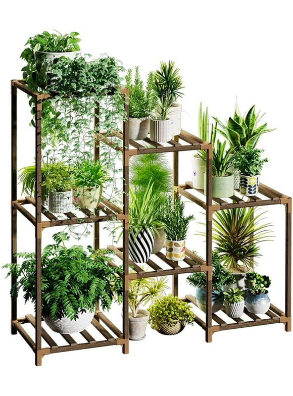 Bamworld Plant Stand Indoor Plant Shelf Outdoor Wood Tiered Plant Rack for Multiple Plants 3 Tiers Ladder Plant Holder for 7 Plant Pots Boho Home Decor for Gardening Gifts