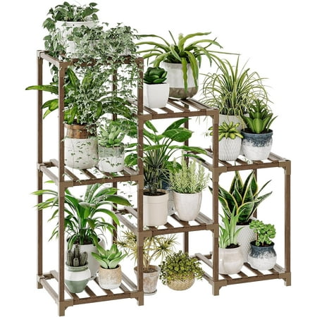Bamworld Plant Stand Indoor Plant Shelf Outdoor Wood Tiered Plant Rack for Multiple Plants 3 Tiers Ladder Plant Holder for 7 Plant Pots Boho Home Decor for Gardening Gifts
