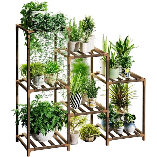 Bamworld Plant Stand Outdoor Black Plant Shelf Indoor Tiered Plant Table for Multiple Plants 3 Tiers 7 Potted Ladder Plant Holder Table Plant Pot Stand for Window Garden Balcony Living Room