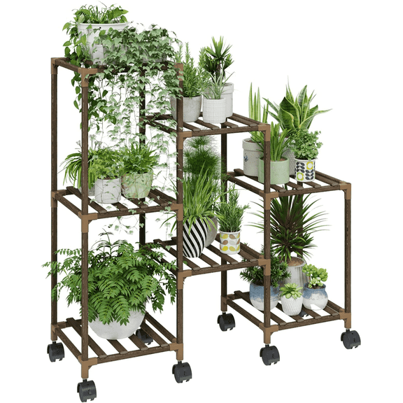 Bamworld Rolling Plant Stand with Wheels Wood Tiered Plant Shelf Indoor Outdoor 3 Tier 7 Pots for Living Room Patio Balcony Garden