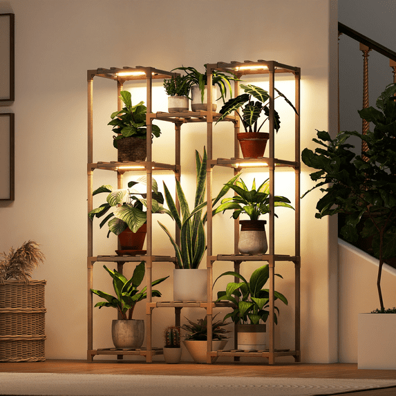 Bamworld Plant Stand with Grow Light Plant Shelf for Mutiple Pots Large Plant Holder for Living Room Patio Boho Home Decor for Gardening Warm Light