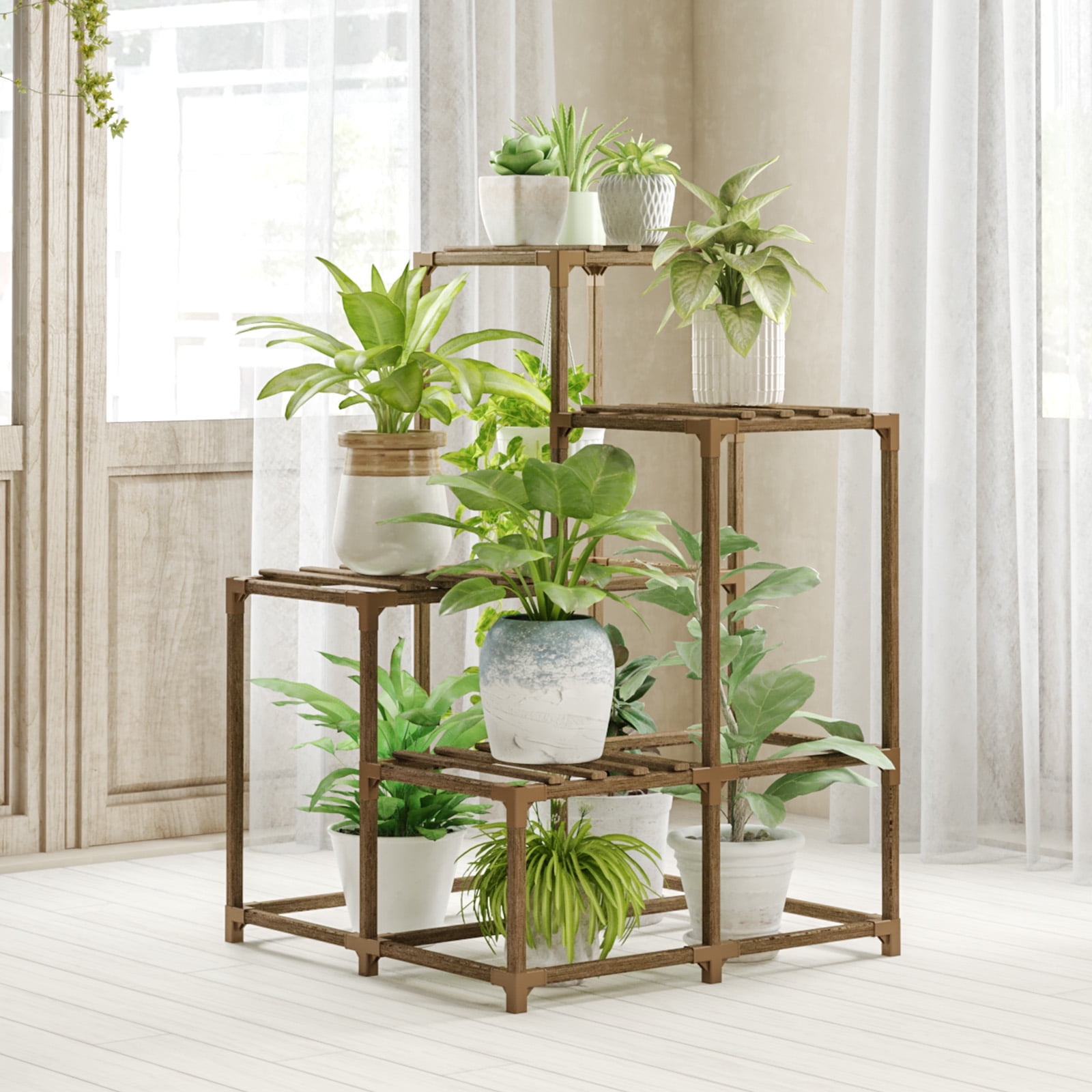 Walmart promo code:  Bamworld 4-Tier Indoor Outdoor Plant Stand, Corner Shelf with Plant Holder for Multiple Plants, Patio Balcony Garden