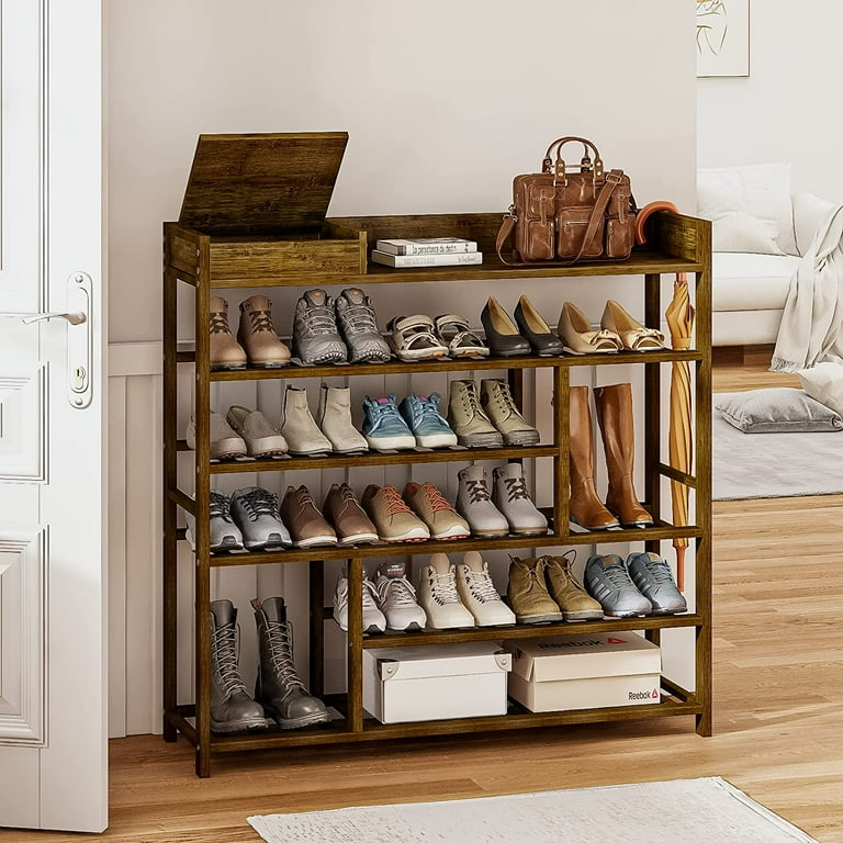 Bamworld Shoes Rack Shelf Organizer for Entryway 5 Tier Bamboo 24 Pair Boots Footwear Book Flowerpots with Storage Box Dark Brown