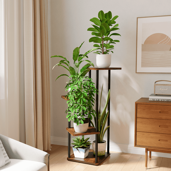 Bamworld 4-Tier Metal Plant Stand Indoor, Corner Plant Shelf for Multiple Plants, Freestanding Flower Rack for Patio, Garden, Balcony, Living Room, Bedroom, Brown