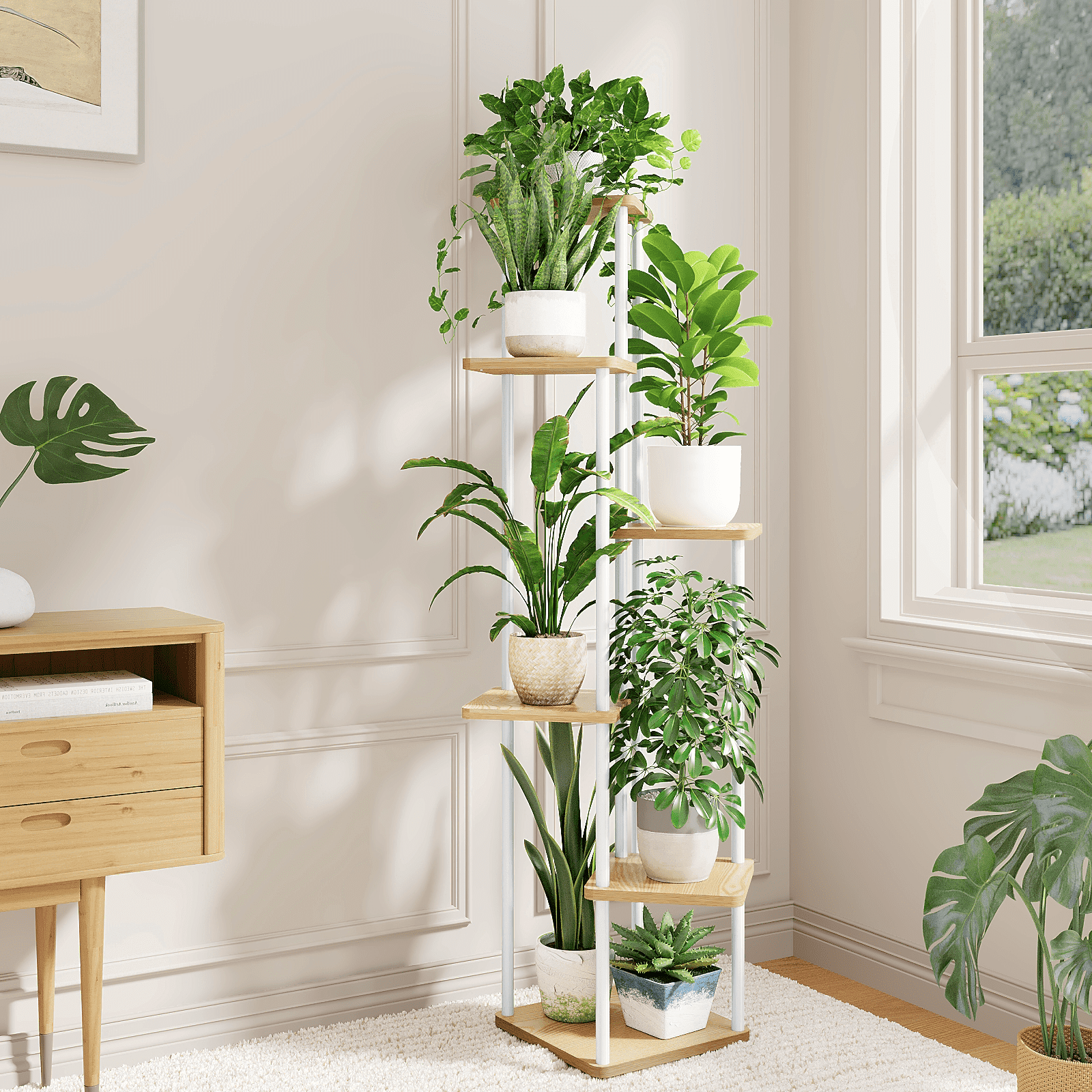 Bamworld, Corner Plant Stand, 6 Tier Indoor Metal Shelf, White